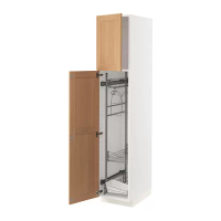 METOD 高櫃附清潔用品收納架, 白色/vedhamn 橡木