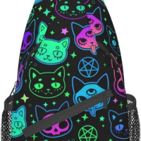 Cartoon Witchcraft Cat Skull Neon Colorful Sling Backpack Crossbody Sling Bag Travel Chest Daypack Hiking Shoulder Bag for Adult