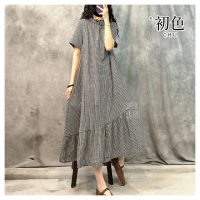【初色】滿版格紋中式盤扣立領短袖寬鬆傘裙A字裙連衣裙連身洋裝長洋裝-共2色-35795(M-2XL可選)