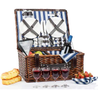 Wicker Willow Customized Picnic Basket Hamper Set with Lid for 4 Person, Handmade Nature Rattan Black, Wholesale, New Design