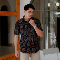 KEMEJA BATIK PRIA LENGAN PENDEK SONGKET HITAM PREMIUM SlimFIT Motif Stretch Katun