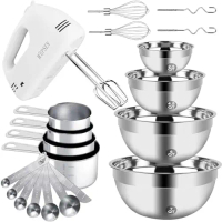 Hand Mixer Electric Mixing Bowls Set, 5 Speeds Handheld Mixer with 4 Nesting Stainless Steel Mixing 