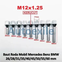 Baut Roda Mobil BMW M12 x 1.25 Kunci 17mm Silver Chrome Kerucut Wheel Hub Lug Bolt Panjang Ulir 26 2