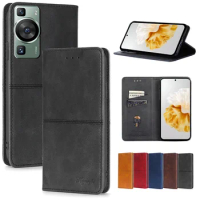 Bussiness Magnetic Flip Phone Case For Huawei P60 P50 P40 P30 P20 Pro Plus P50E P40 Lite E Logo embossed Leather Case Card Slots