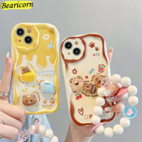 Curly Wave Edge Cream Rabbit Phone Case For Samsung Galaxy A50 A51 A52s A53 A54 A71 A72 A73 M32 M22 M54 F54 5G Wrist Strap Cover
