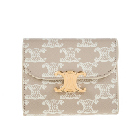 CELINE 賽琳 新款TRIOMPHE 帆布凱旋門LOGO金釦對折短夾 (米棕色)