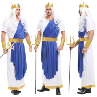 Men Neptune Poseidon Costume Cosplay Greek Mythology God of Sea Prince King Suits Carnival Halloween Masquerade Stage Play Dress