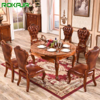 Classic European Style Folding Dining Table 6 Seaters Chairs Luxury Marble Wooden Rotating Dining Table Set