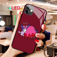 Luminous Tempered Glass phone case For Apple iphone 12 11 Pro Max XS mini Kuromi Kawaii Acoustic Control Protect Backlight cover