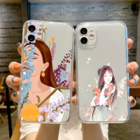 Fashion Flowers Girl Clear Case For iPhone 13 11 14 Pro Max XS Max X XR 7 8 12 Plus SE2 Luxury Shockproof Soft Transparent Cover