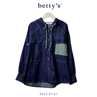 betty’s專櫃款　跳色壓線連帽抽繩牛仔襯衫(深藍)