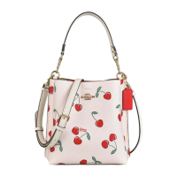 【COACH】COACH Mollie Bucket 22 LOGO釦式心型櫻桃PVC滾邊牛皮手提斜背水桶包(粉筆白x多色)