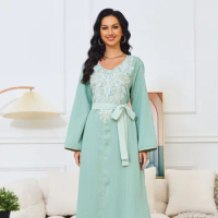 Abaya Arab Apparel Women's Round Neck Beaded New Long Sleeve Elegant Dress With Belt Dubai Ramadan Gurban Muslim Abaya For Women