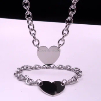 Women New Arrival Stainless Steel Jewelry set Sweet Love Heart Tag Charms Bracelet + Necklace Oval Link Chain 8mm wide
