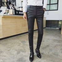 Summer Mens Pu Leather Pants Fashion Korean Skinny Pencil Pants Stretchy Office Work Casual Long Trousers Leather Biker Pants