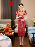 秀禾服旗袍新娘結婚泡泡袖顯瘦復古中式敬酒服訂婚紅色晚宴服