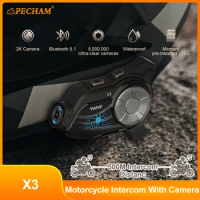 Motorcycle Helmet Intercom Bluetooth Headset With 4K Camera Recorder 500M Intercom For 2 Riders Motorbike Auto DVR Music Share