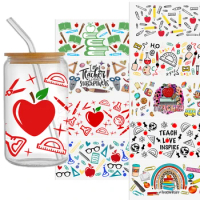 UV DTF Sticker SET Back to School Pencil Book Apple Sticker For 16oz Glass Cup Wrap Transfer Sticker Custom Label DIY Logo