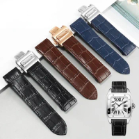 Genuine Leather Watch Band for Cartier Sandoz Strap Santos100 Men's Women's Folding Buckle Strap