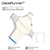 DataRunner USB 3.0 Flash Drive for iPhone &amp; Type-C Memory Stick 32GB 64GB 128GB 256GB 4-IN-1 Pendrive For iOS/Type C/Android/PC