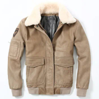 2020 Men Brown Air Force Flight Jacket Wool Collar Large Size XXXL Genuine Cowhide Russian Winter Pilot Leather Coat
