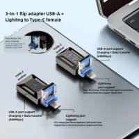 Three-in-one flap OTG adapter TYPE-C female to USB adapter is suitable for Apple Lightning data transmission charging adapter