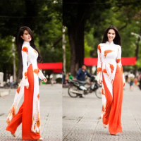 Authentic Vietnam Women Ethnic Clothing Aodai Dress Traditional Two Pieces Set Vietnamese Ao Dai Suit Asia Robe Cheongsam Lady