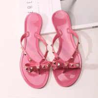 Size 36-42 2024 Hot Sale Fashion Women's Flip Flops Summer Shoes Cool Beach Rivet Big Bow Flat Sandals Jelly Shoes Sandals Girls