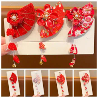 Tassel Children Red Sakura Hairpin Cloth Flower Hanfu Fan Hair Clip Baby Headwear Tang Suit Hair Clip Chinese New Year Headwear