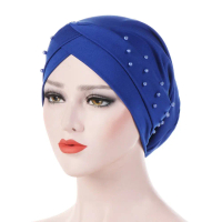 New Women Elastic Turban Hat Muslim Hijab Islamic Beads Cancer Chemo Cap Ladies Hijab Stretch Hijab 