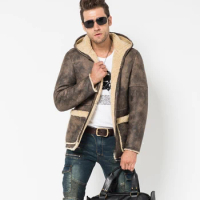 Classic Men's Hooded Gray Shearling Coat - Long Fur Jacket, Flight Inspired, Genuine Sheepskin Leather