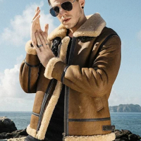 Men Thick Winter Shearling Sheepskin Genuine Leather Coat Male B3 Bomber Aviator Outerwear Trench Flight Real Leather Jacket