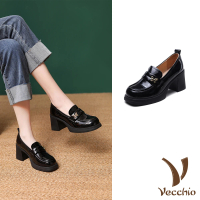 【Vecchio】真皮跟鞋 粗跟跟鞋/全真皮頭層牛皮寬楦方頭粗高跟鞋(黑)