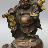 YM 304 Chinese Bronze stand Money Bag Wealth Happy Laugh Maitreya Buddha Rich Statue