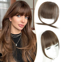 Clip in Bangs Real Human HairDark Brown Bangs Hair Clip on Fake Bangs with Temples for Women Daily W