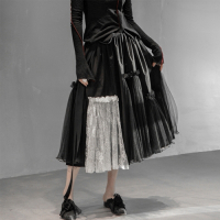 設計所在Style-新暗黑風蕾絲撞色網紗高腰仙氣中長裙