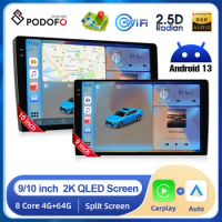 Podofo 2din Android Car Radio 9/10'' QLED 2K Touch Screen 8Core 4+64G Wireless Carplay Android auto DSP 3D Car Model Showcase