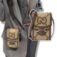 【GUCCI 古馳】625615 經典1955系列Jumbo GG帆布馬銜扣肩背斜背手機包(棕色)