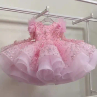 Luxury Baby Girl Dress O Neck Puffy Girls First Birthday Party Wedding Dress Baby Clothes Tutu Fluffy Gown