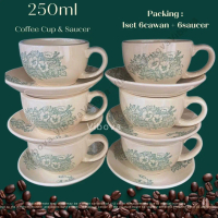 ASOGA Kopitiam Hainan Coffee Cup & Saucer Cawan &Piring Tebal Bunga Hijau Gaya 1Set 6pc cup and 6pc