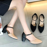 【baibeauty 白鳥麗子】MIT韓風優雅繞踝拚色V口高跟尖頭包鞋(粗跟鞋)