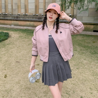 粉色短款皮衣外套女春秋pu皮夾克棒球服小個子高級感
