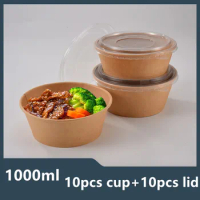 10pcs Disposable paper bowl household lunch box packaging cups salad furit food round kraft paper 1000ml large cup with lid