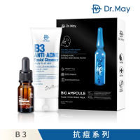 【Dr. May美博士】美博士B3專業抗痘精華3件組(抗痘精華1入+抗痘洗面乳1入+大安瓶水光黑面膜4片)