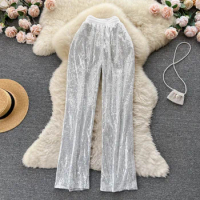 Retro Style Disco Pants 2023 New Spring Summer Elastic Waist Blingbling Sequined Trousers Fashion Ulzang Wide Leg Silver Pants