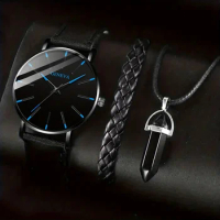 3pcs/set 1pc Round Men's Quartz Watch And 1pc Bracelet And 1pc Necklace, Ideal choice for Gifts