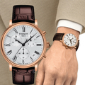 TISSOT T1224173603300 Carson 羅馬三眼計時石英錶 41mm 銀色羅馬數字時標 不鏽鋼表殼 棕色皮革錶帶