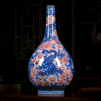 景德鎮陶瓷器手繪仿古青花瓷釉里紅龍鳳膽瓶花瓶小口家居裝飾擺件