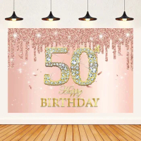 1PC - Pink Rose Gold Birthday Party Background Sparkling Diamond Happy Birthday Background Girl's 50th Birthday Party Decoration