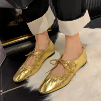 Retro Woman Shoes Casual Female Sneakers Soft Round Toe Flats Loafers With Fur Cross Dress Golden Slip-on Leisure PU Lace-Up Cro